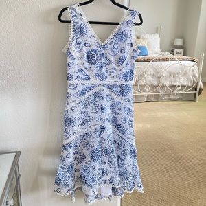 Women’s Just Taylor Sleeveless Blue Floral Lace Overlay Midi Dress Size 8